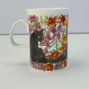 VTG Dunoon Black Cats Spring Flowers Garden Bone China Mug Tea Helen Sandiford